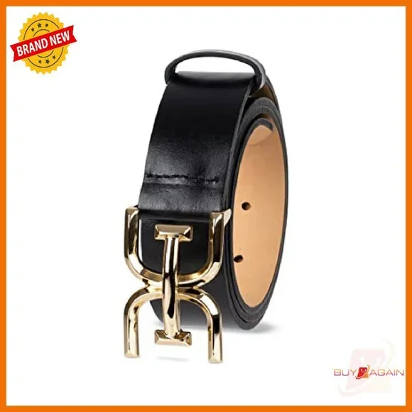 Women's Leather Belt with Logo Buckle for Jeans & Trousers